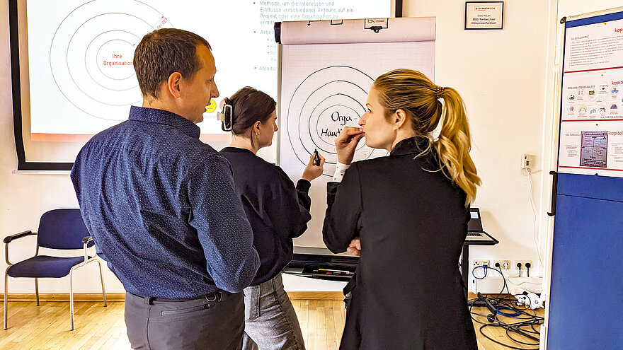 Zwei Personen, die gemeinsam am Flipchart stehen und überlegen
