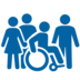 Eine Gruppe von vier stilisierten Personen, darunter eine Person im Rollstuhl, die gemeinsam dargestellt sind.