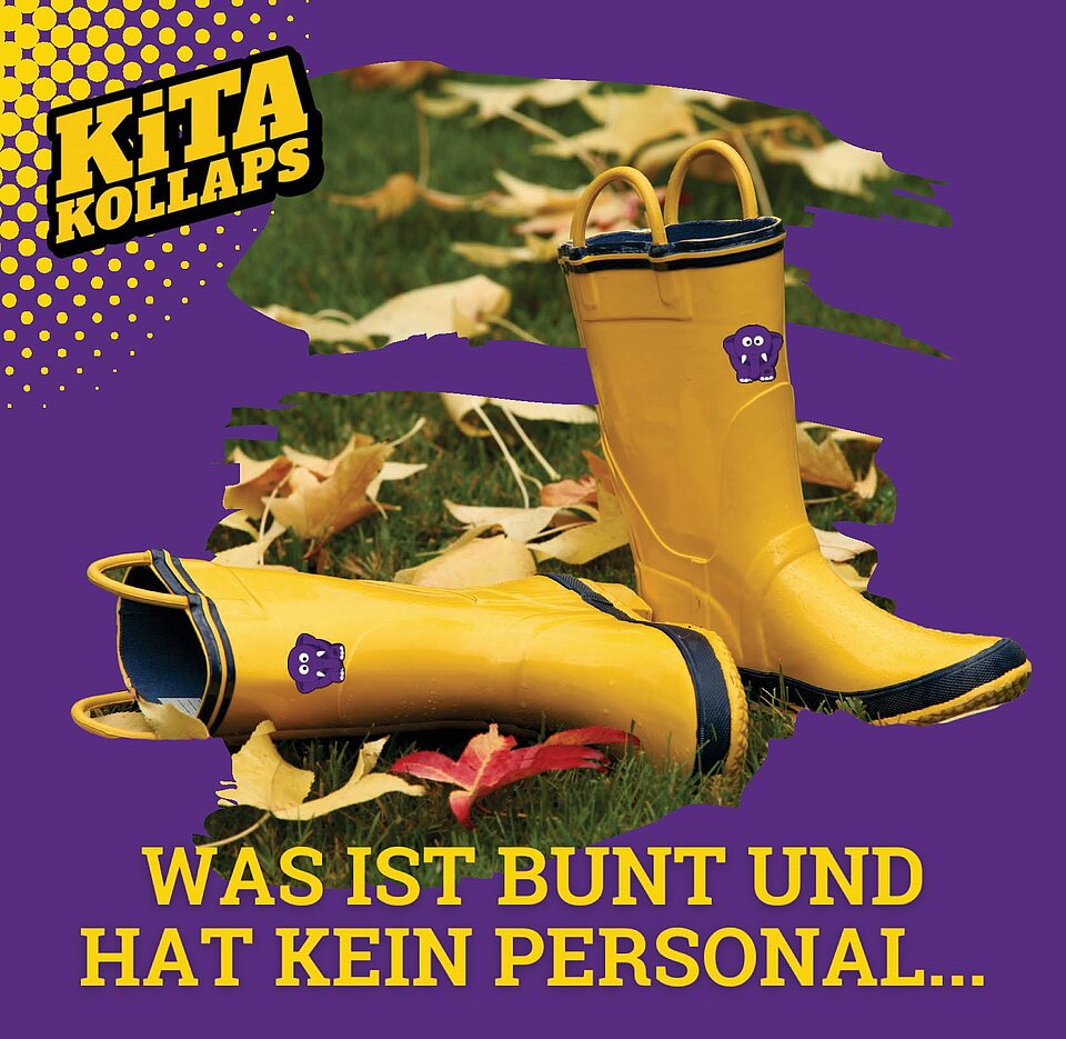 Gummistifel und darunter die Aufschrift "Was ist bunt und hat kein Personal?"